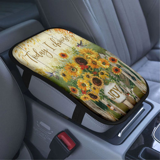 Today I Choose Joy Hummingbird Sunflower Car Armrest Seat Cover, Bible Verse Car Center Console Cover, Scripture Car Accessory
