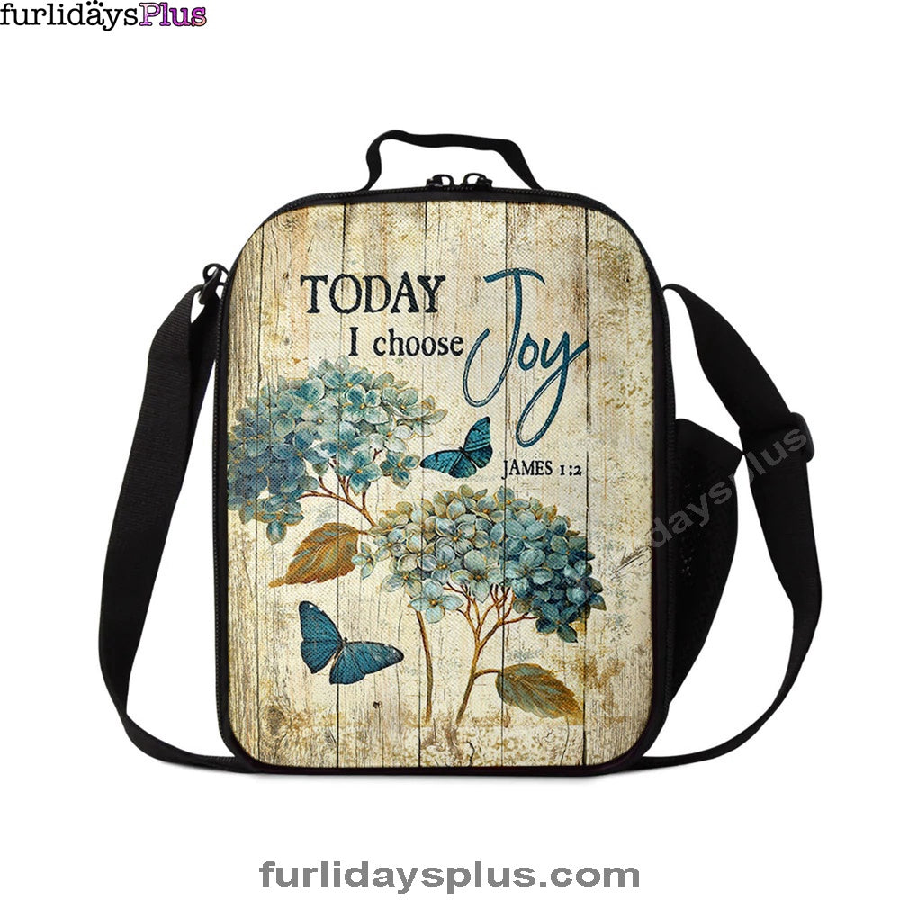 Today I Choose Joy Hydrangea Blue Butterfly Lunch Bag, Inspirational Lunch Bag, Christian Lunch Bag