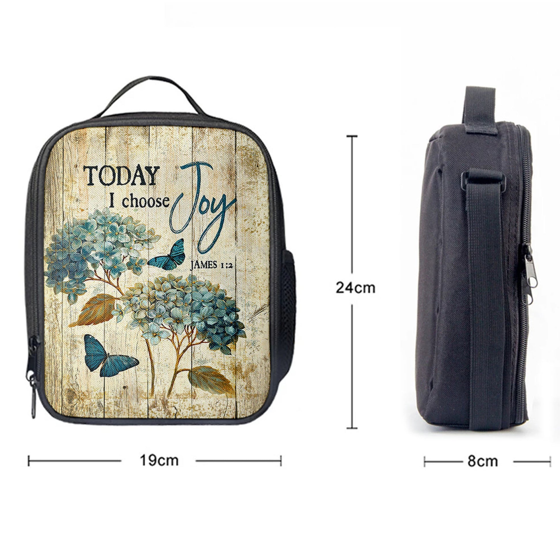 Today I Choose Joy Hydrangea Blue Butterfly Lunch Bag, Inspirational Lunch Bag, Christian Lunch Bag