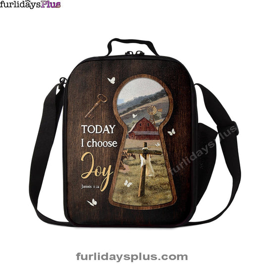 Today I Choose Joy Key Cross Symbol Green Meadow Land Lunchbag Lunch Bag, Christian Lunchbag, Bible Verse Lunch Bag