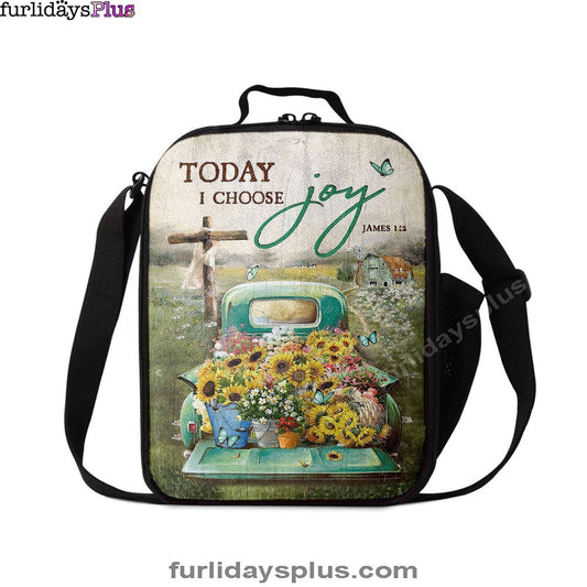 Today I Choose Joy Lunchbag, Sunflower Car Flower Field Wooden Cross Lunch Bag, Christian Art, Bible Verse Lunch Bag