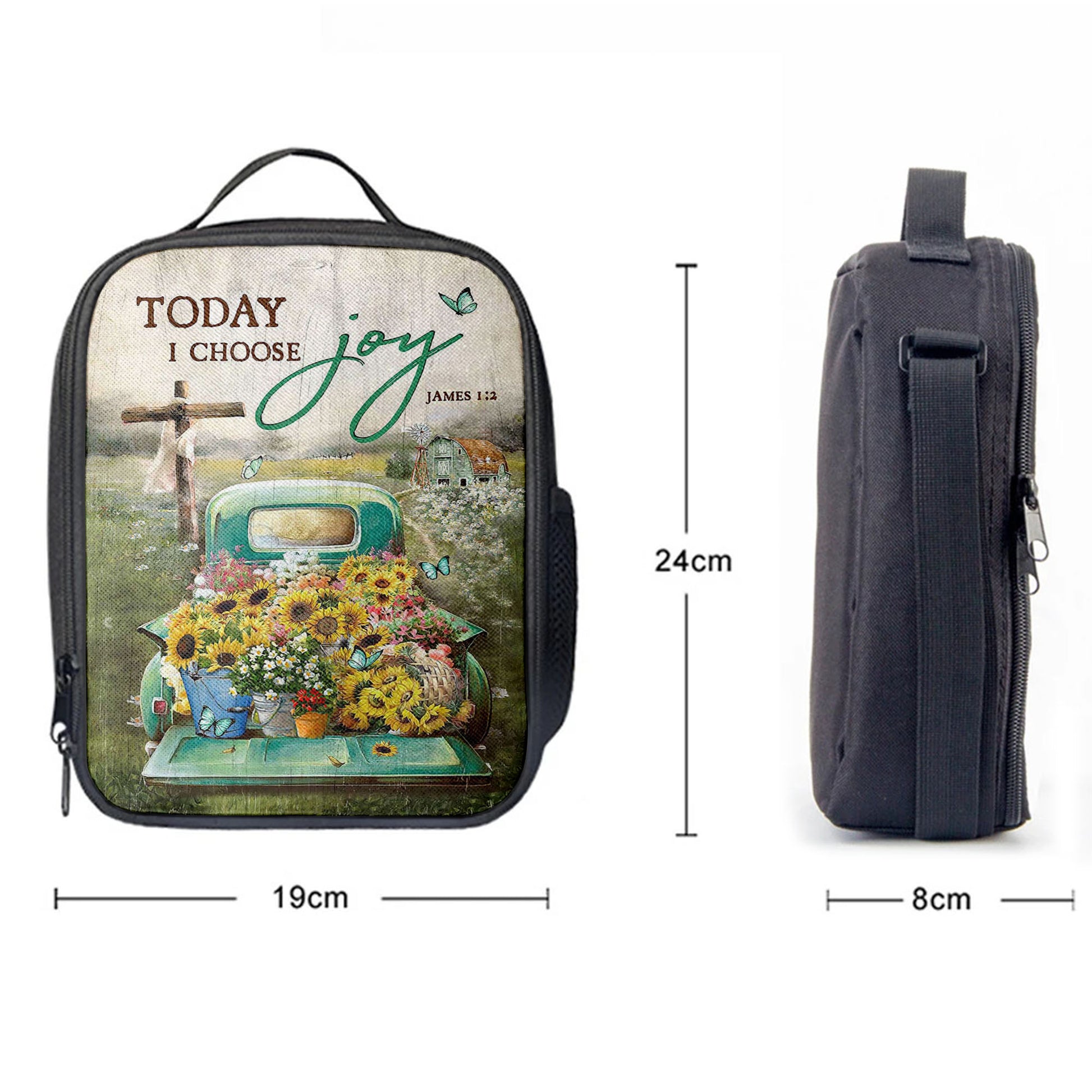 Today I Choose Joy Lunchbag, Sunflower Car Flower Field Wooden Cross Lunch Bag, Christian Art, Bible Verse Lunch Bag