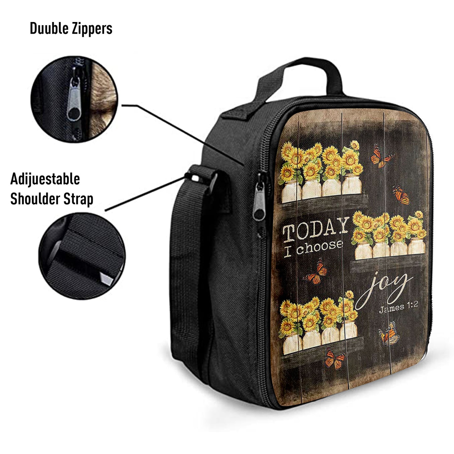 Today I Choose Joy Sunflower Orange Butterfly Lunchbag Lunch Bag, Bible Verse Lunch Bag, Inspirational Art, Christian Lunchbag