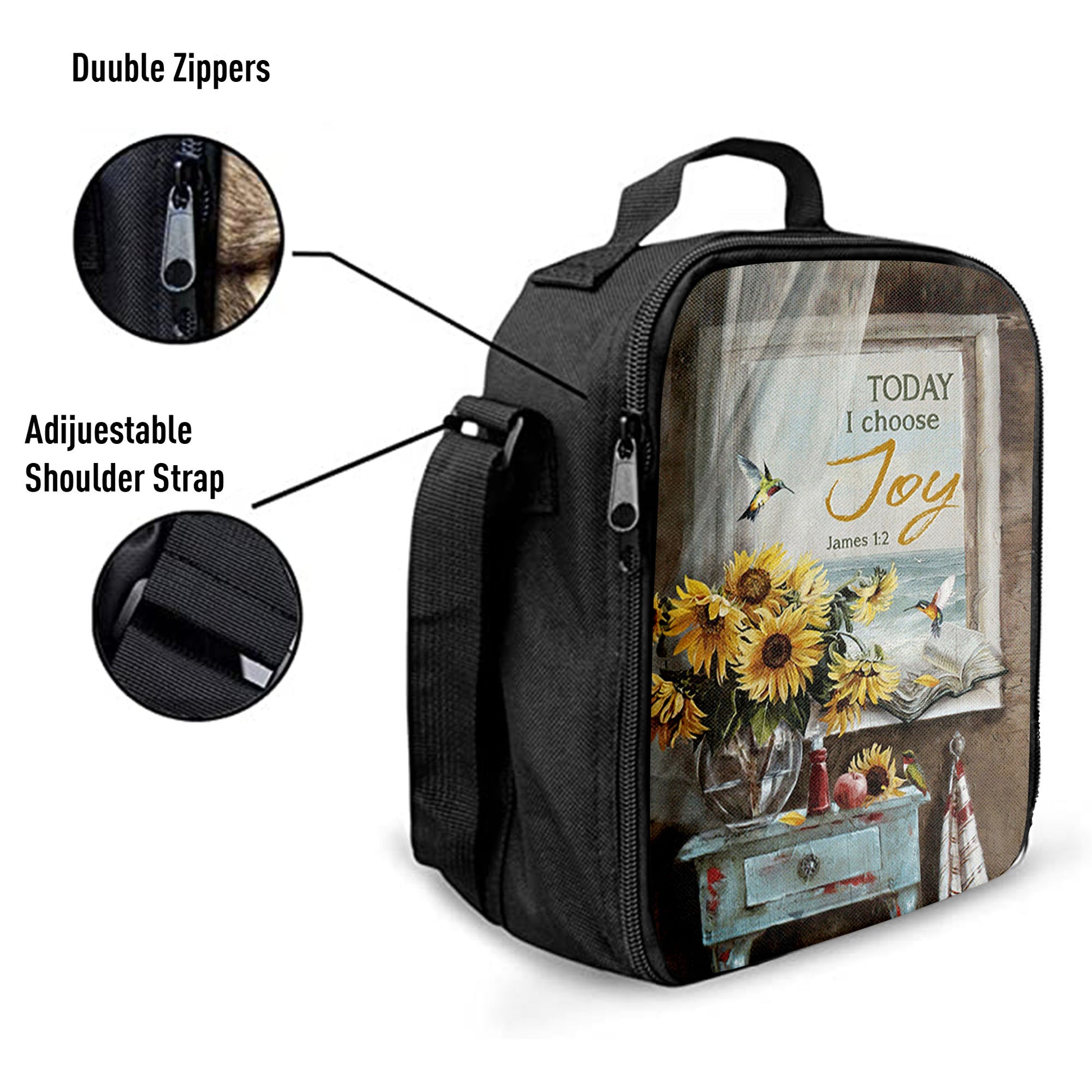 Today I Choose Joy Sunflower Vase Hummingbird Lunchbag Lunch Bag, Christian Lunchbag, Bible Verse Lunch Bag