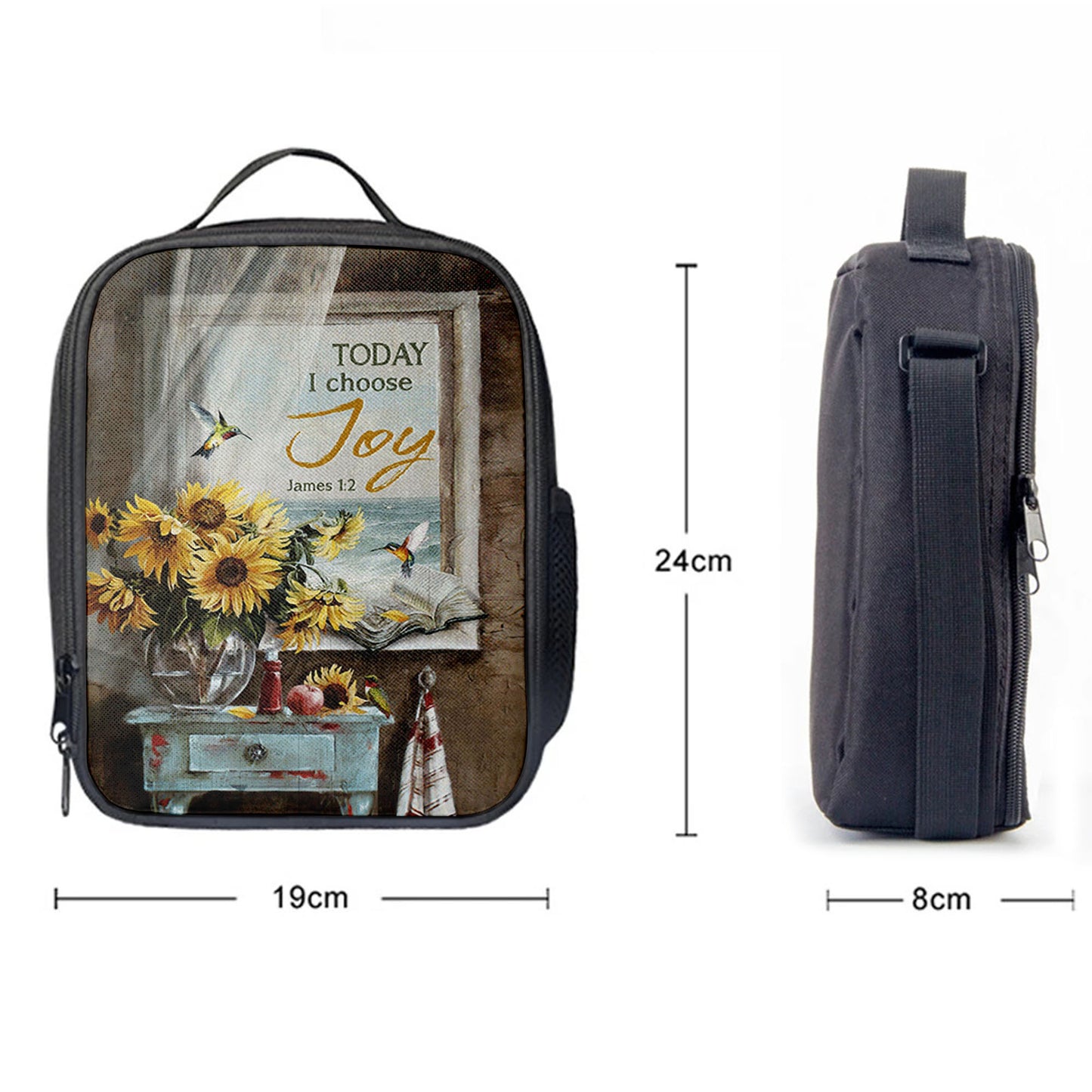 Today I Choose Joy Sunflower Vase Hummingbird Lunchbag Lunch Bag, Christian Lunchbag, Bible Verse Lunch Bag