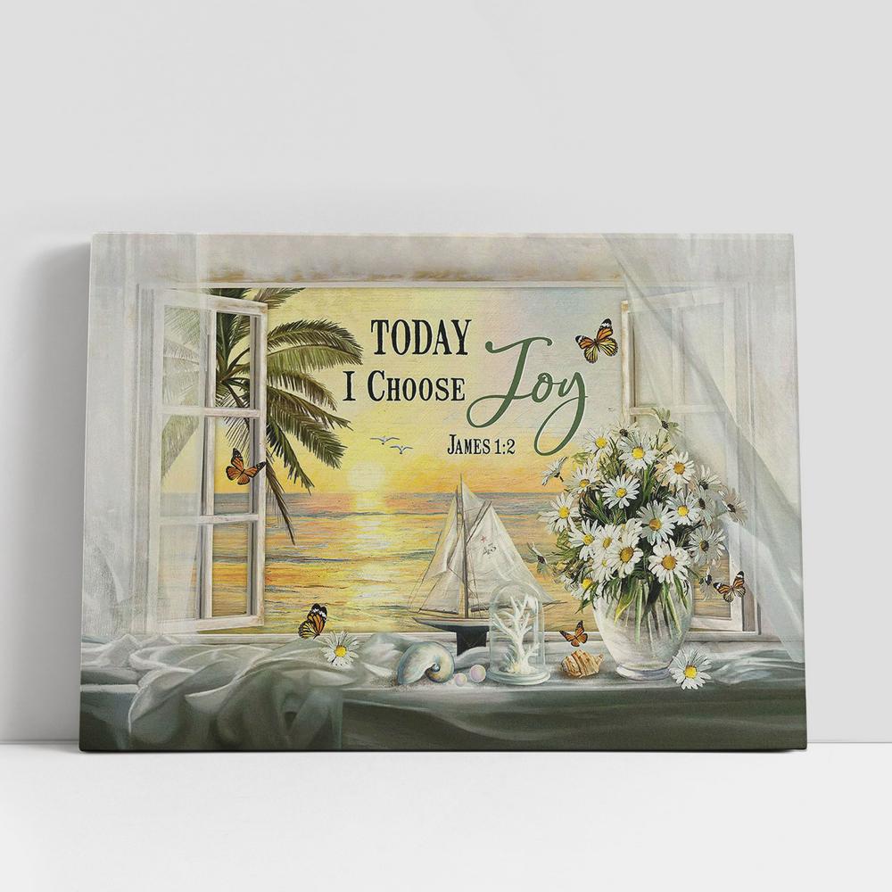 Today I Choose Joy Sunset Daisy Canvas Wall Art, Bible Verse Canvas, Religious Prints