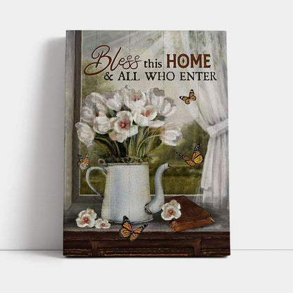 Tulip Butterfly Bless This Home Canvas Art - Christian Art - Bible Verse Wall Art - Religious Home Decor