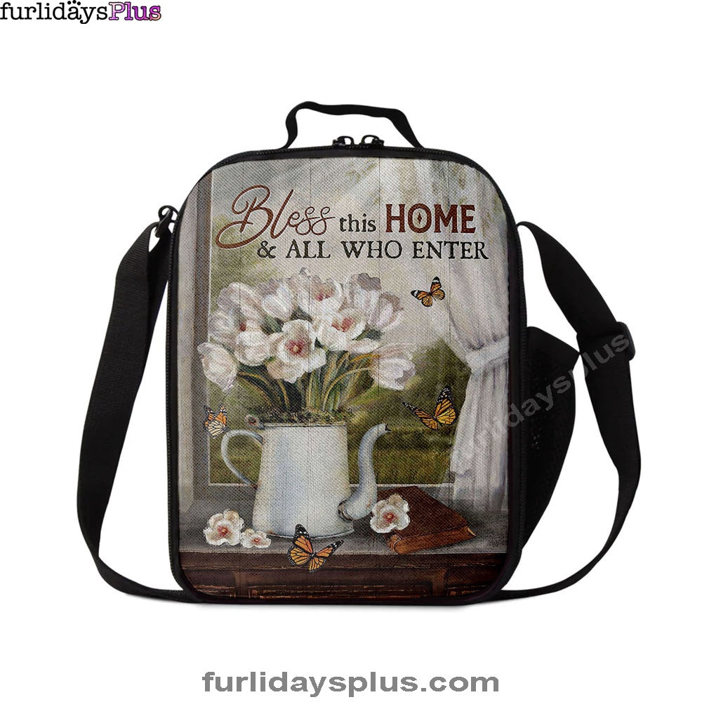 Tulip Butterfly Bless This Home Lunch Bag, Christian Art, Bible Verse Lunch Bag