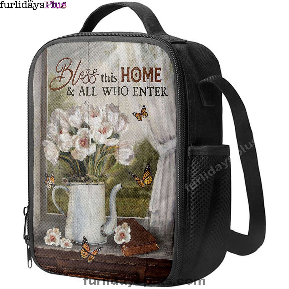 Tulip Butterfly Bless This Home Lunch Bag, Christian Art, Bible Verse Lunch Bag