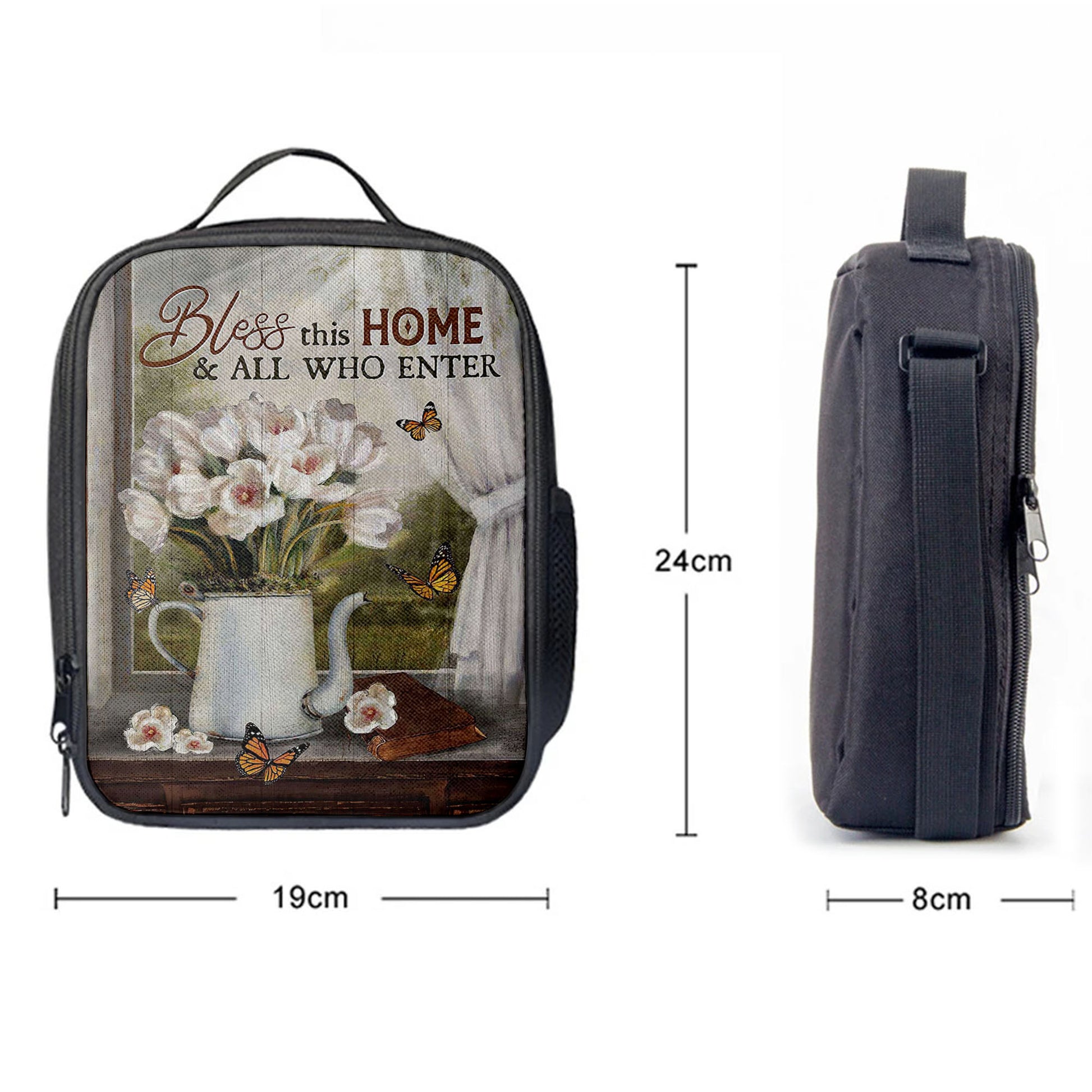 Tulip Butterfly Bless This Home Lunch Bag, Christian Art, Bible Verse Lunch Bag