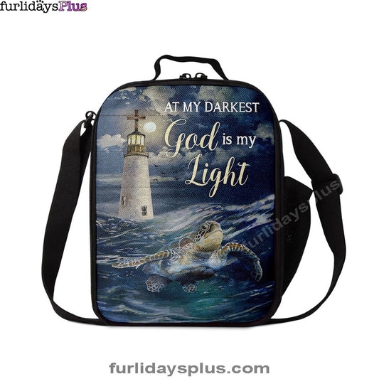 Turtle Blue Ocean Lighthouse God Is My Light Lunch Bag, Christian Art, Bible Verse Lunch Bag