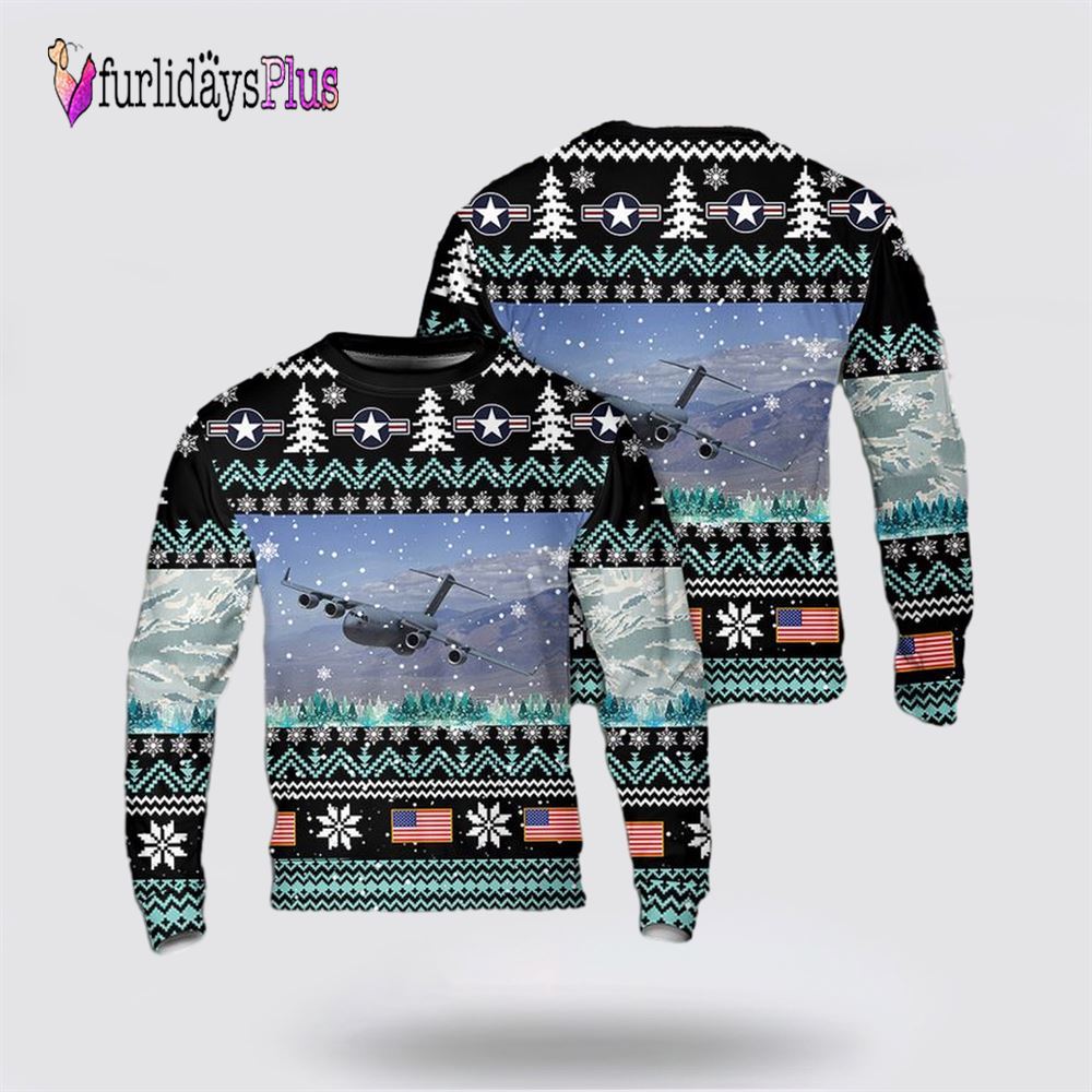 US Air Force C-17 Globemaster III Christmas AOP Sweater, Christmas Gift For Military Personnel