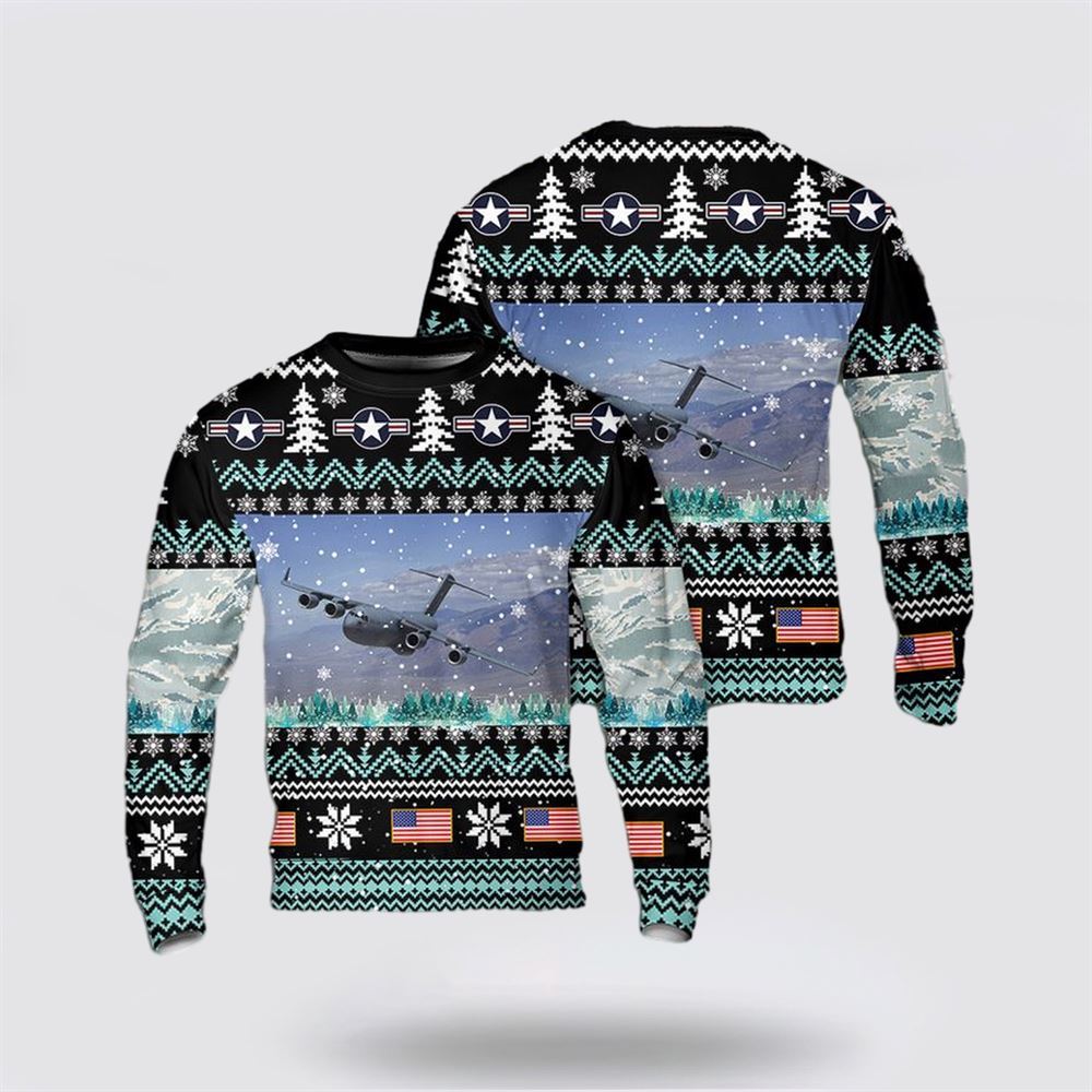 US Air Force C-17 Globemaster III Christmas AOP Sweater, Sweater For Military Personnel