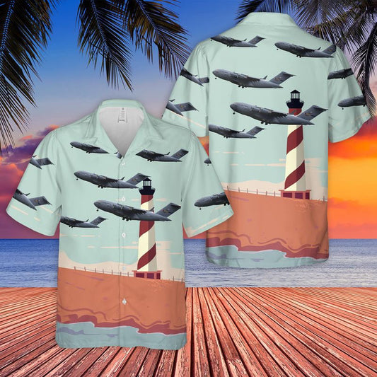 US Air Force Hawaiian Shirt, USAF North Carolina 156th Airlift Squadron Boeing C-17 Globemaster III Hawaiian Shirt