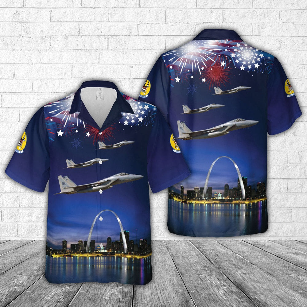 US Air Force Hawaiian Shirt, US Air Force 110th Fighter Squadron McDonnell Douglas F-15C Eagle over St Louis Gateway Arch, 4th Of July Hawaiian Shirt