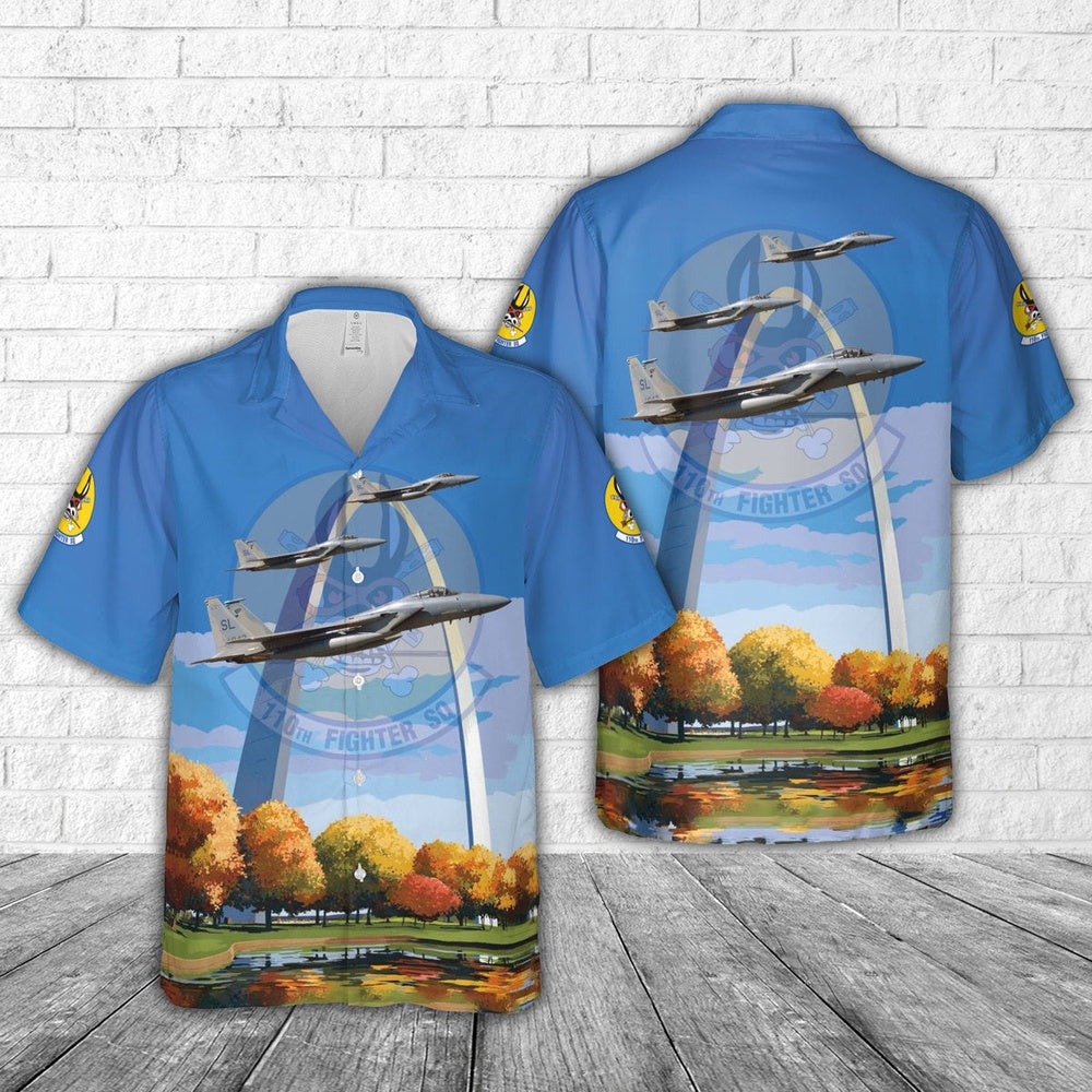 US Air Force Hawaiian Shirt, US Air Force 110th Fighter Squadron McDonnell Douglas F-15C Eagle over St Louis Gateway Arch Hawaiian Shirt