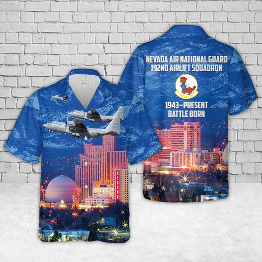 US Air Force Hawaiian Shirt, US Air Force Nevada 192nd Airlift Squadron C-130H Scathe View aircraft 79-0477 Hawaiian Shirt