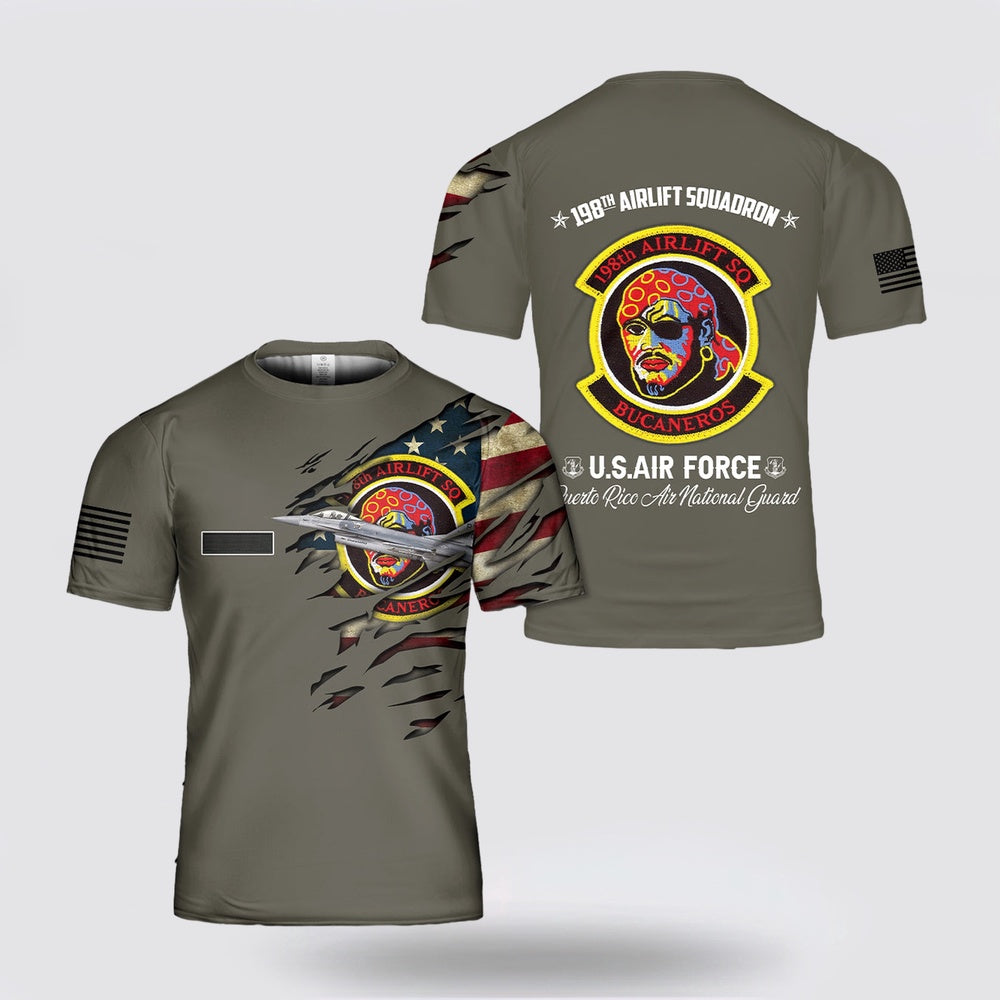 US Air Force T Shirt, Custom Name US Air Force 198th Airlift Squadron Bucaneros Block 15 F-16A ADF Fighting Falcon 3D T Shirt