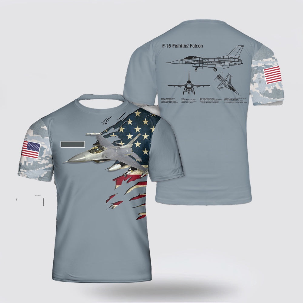 US Air Force T Shirt, Custom Name US Air Force F-16 Fighting Falcon 3D T Shirt