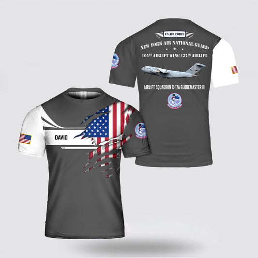 US Air Force T Shirt, Custom Name US Air Force New York Air National Guard 105th Airlift Wing 137th Airlift Squadron C-17A Globemaster III 3D T-Shirt