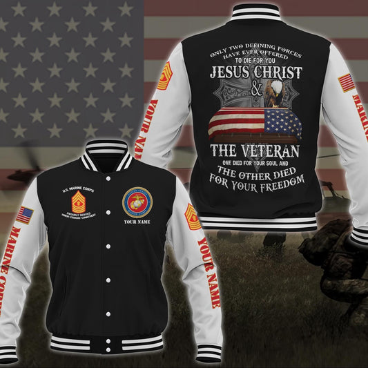US Marine Corps Veteran Military Logo Baseball Jacket Custom Name And Rank