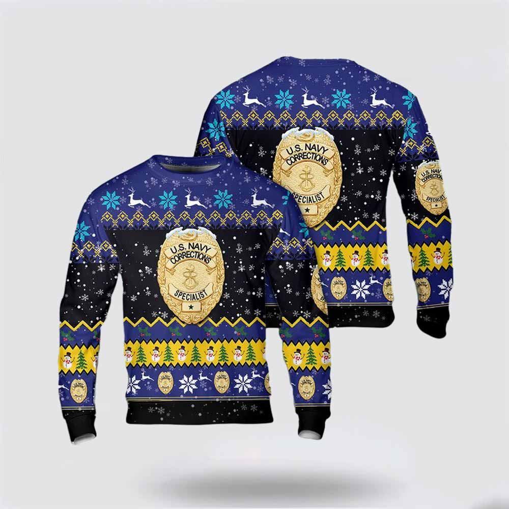 US Navy Corrections Specialist Badge Christmas AOP Sweater 3D, Sweater For Military Personnel