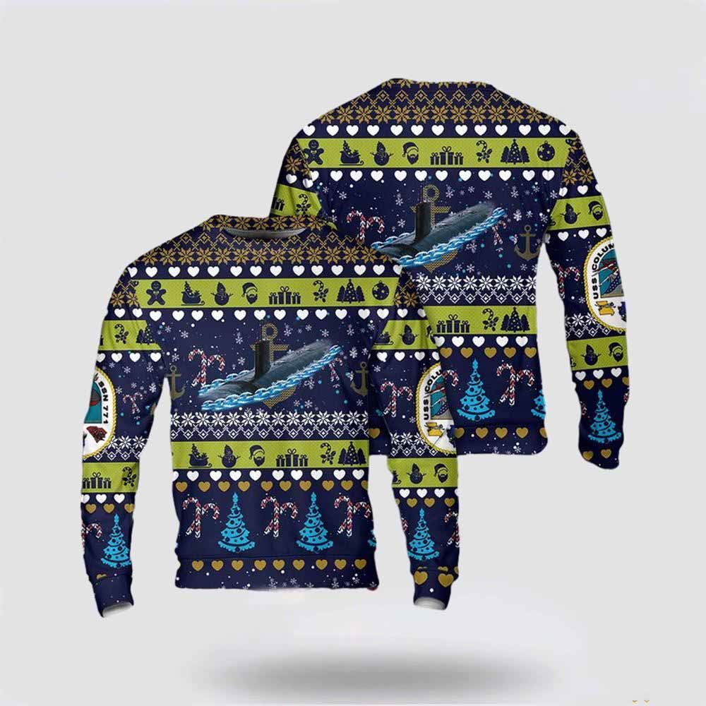 US Navy USS Columbia (SSN-771) Christmas AOP Sweater 3D, Sweater For Military Personnel