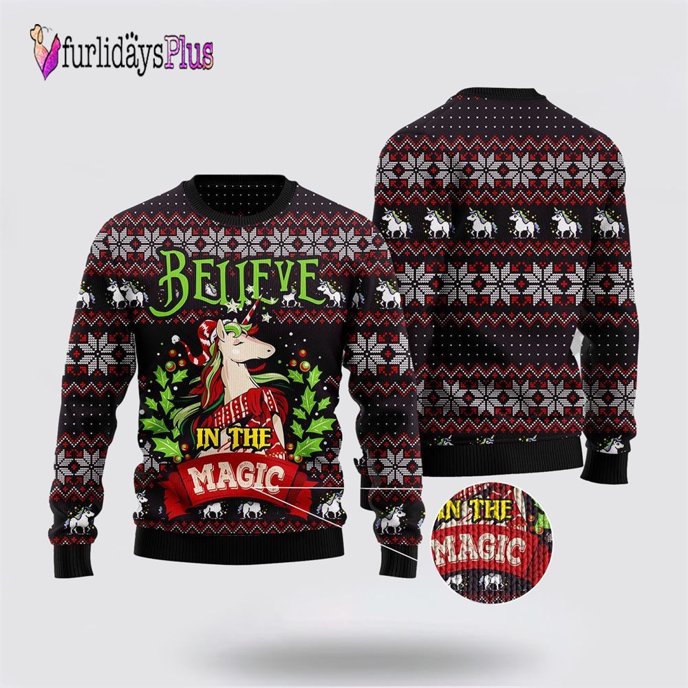 Unicorn Believe In The Magic Ugly Christmas Sweater, Best Gift For Christmas
