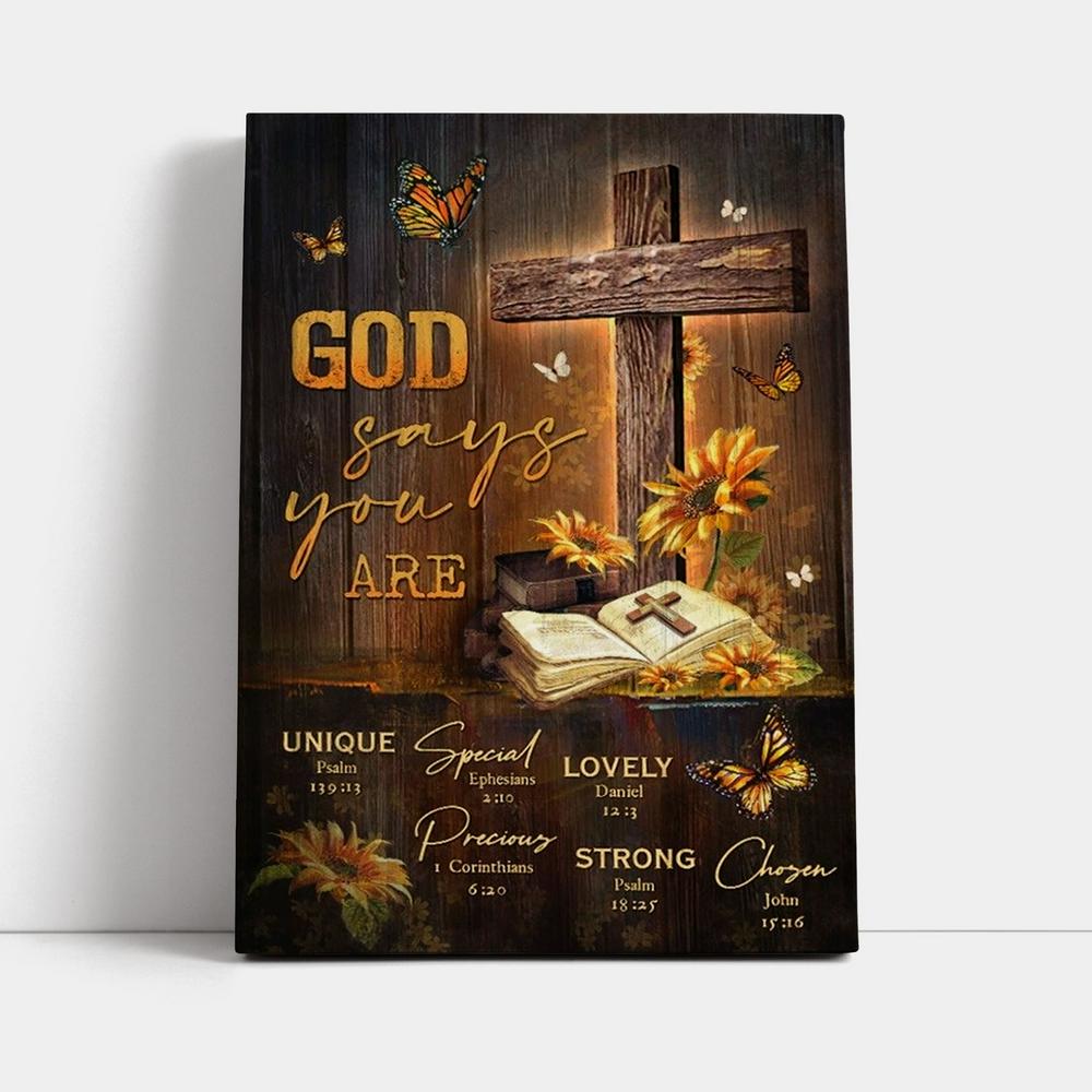 Unique Cross, Sunflower Garden, Antique Bible, God Says You Are Canvas Poster