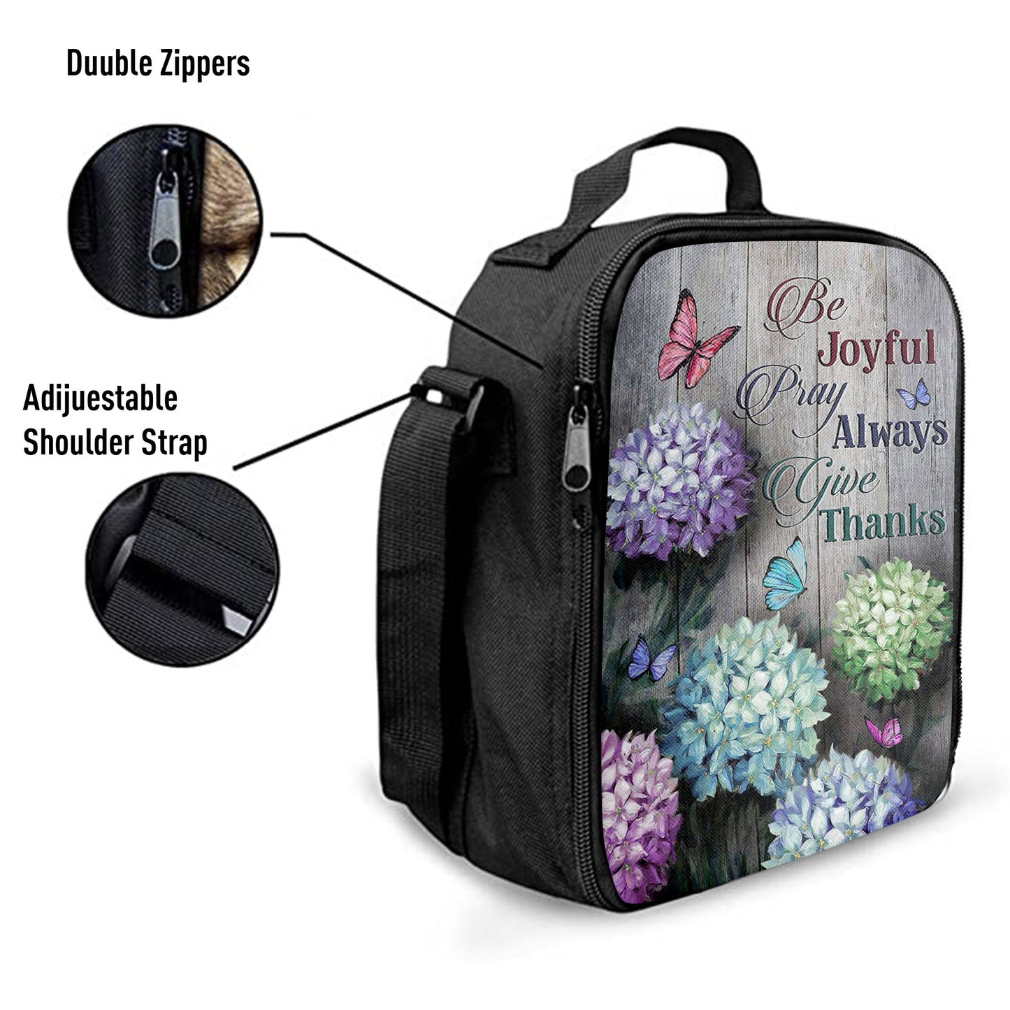 Unique Hydrangea Butterfly Be Joyful Pray Always Give Thanks Lunch Bag, Christian Art, Bible Verse Lunch Bag