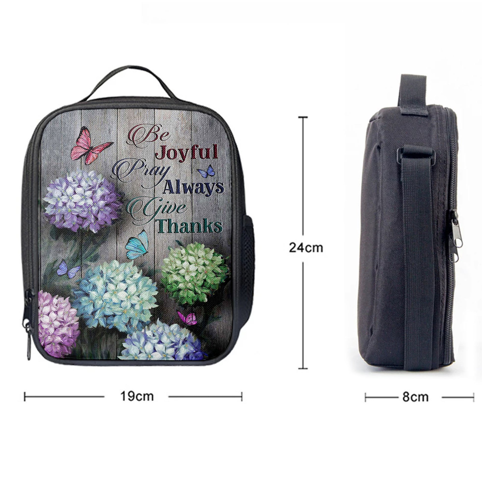 Unique Hydrangea Butterfly Be Joyful Pray Always Give Thanks Lunch Bag, Christian Art, Bible Verse Lunch Bag