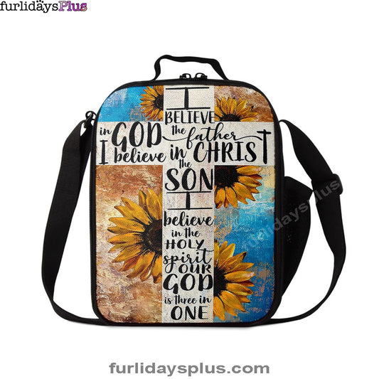 Unique Sunflower White Cross Our God Is Three In One Lunch Bag, Christian Art, Bible Verse Lunch Bag