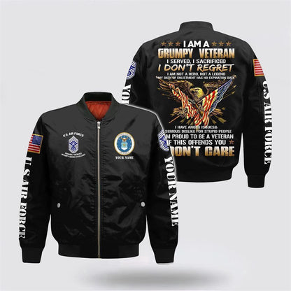 Us Air Force Bomber Jacket, Personalized Name Rank US Air Force I Am A Grumpy Veteran Bomber Jacket