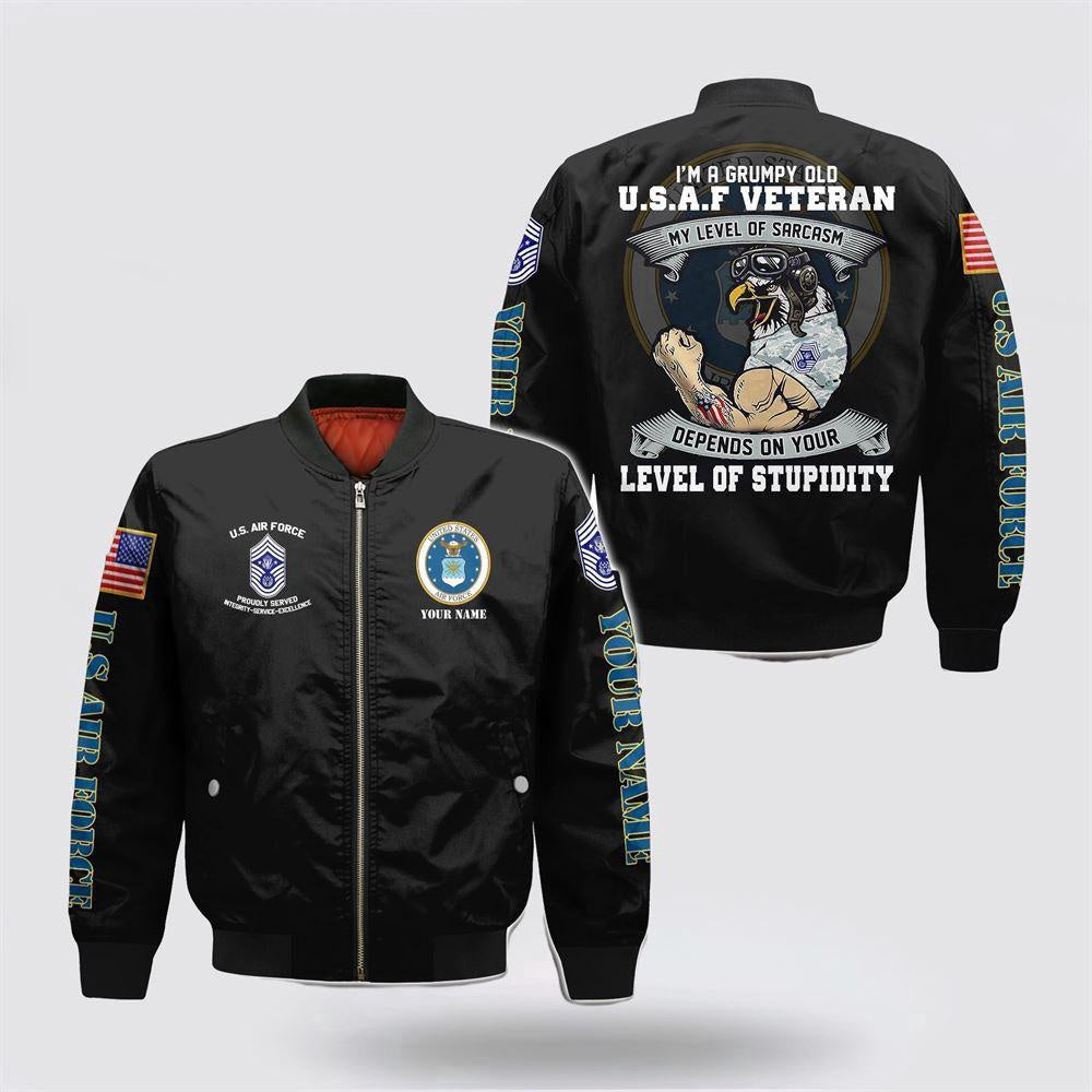 Us Air Force Bomber Jacket, Personalized Name Rank US Air Force Veteran Military I'm A Grumpy Old Bomber Jacket