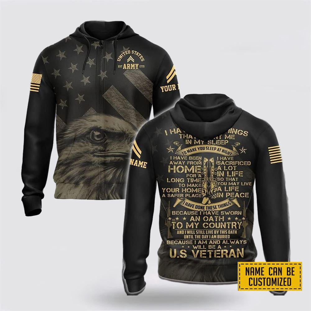 Us Army Hoodie, Custom Name Rank US Army All Over Print 3D Hoodie Eagle America Flag