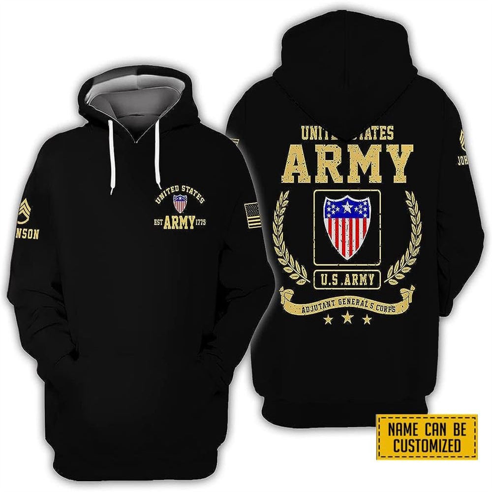 Us Army Hoodie, Custom Name Rank United State Army Adjutant General Corps EST Army 1775 All Over Print 3D Hoodie