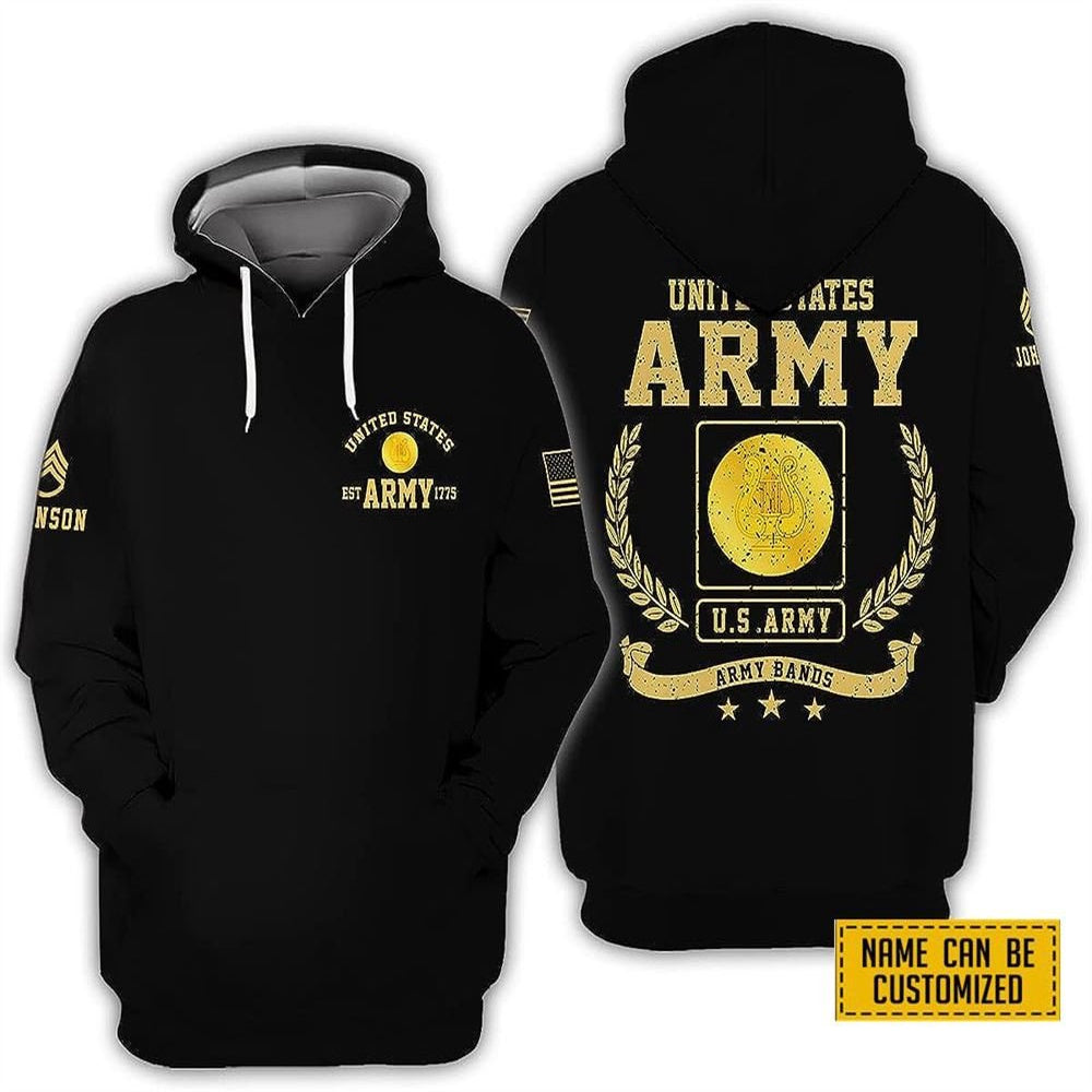 Us Army Hoodie, Custom Name Rank United State Army Bands EST Army 1775 All Over Print 3D Hoodie