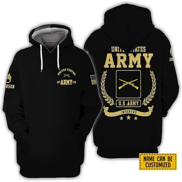 Us Army Hoodie, Custom Name Rank United State Army Infantry EST Army 1775 All Over Print 3D Hoodie