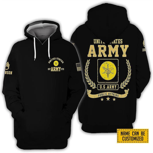 Us Army Hoodie, Custom Name Rank United State Army Public Affairs EST Army 1775 All Over Print 3D Hoodie