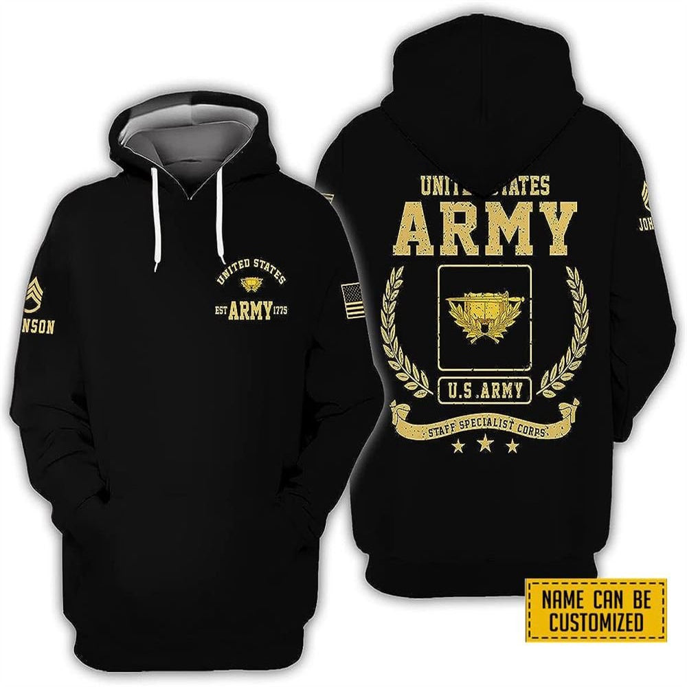 Us Army Hoodie, Custom Name Rank United State Army Staff Specialist Corps EST Army 1775 All Over Print 3D Hoodie