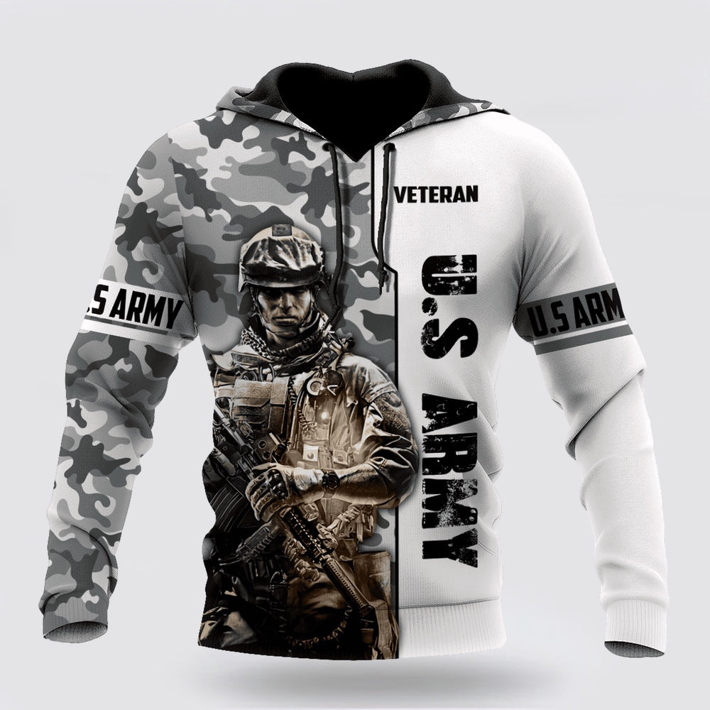 Us Army Hoodie, US Army Veteran Black And White Camo Printed Hoodie