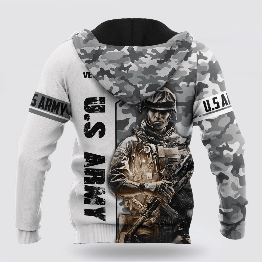 Us Army Hoodie, US Army Veteran Black And White Camo Printed Hoodie