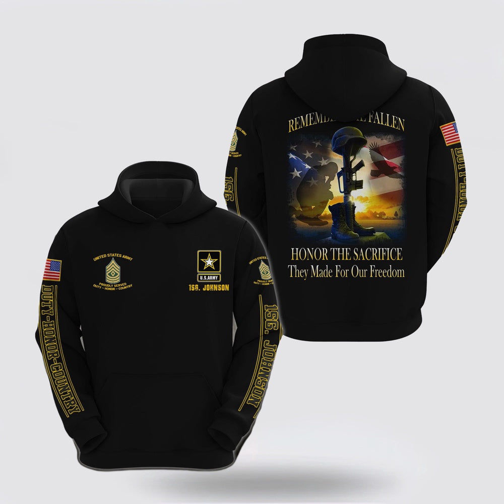 Us Army Hoodie, Us Army Remember The Fallen Hoodie Custom Your Name And Rank
