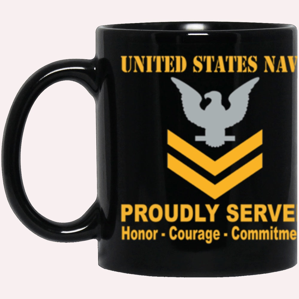 Us Navy Coffee Mugs, US Navy E-5 Petty Officer Second Class E5 PO2 Gold Stripe Collar Device Proudly Served Core Values Black Mug