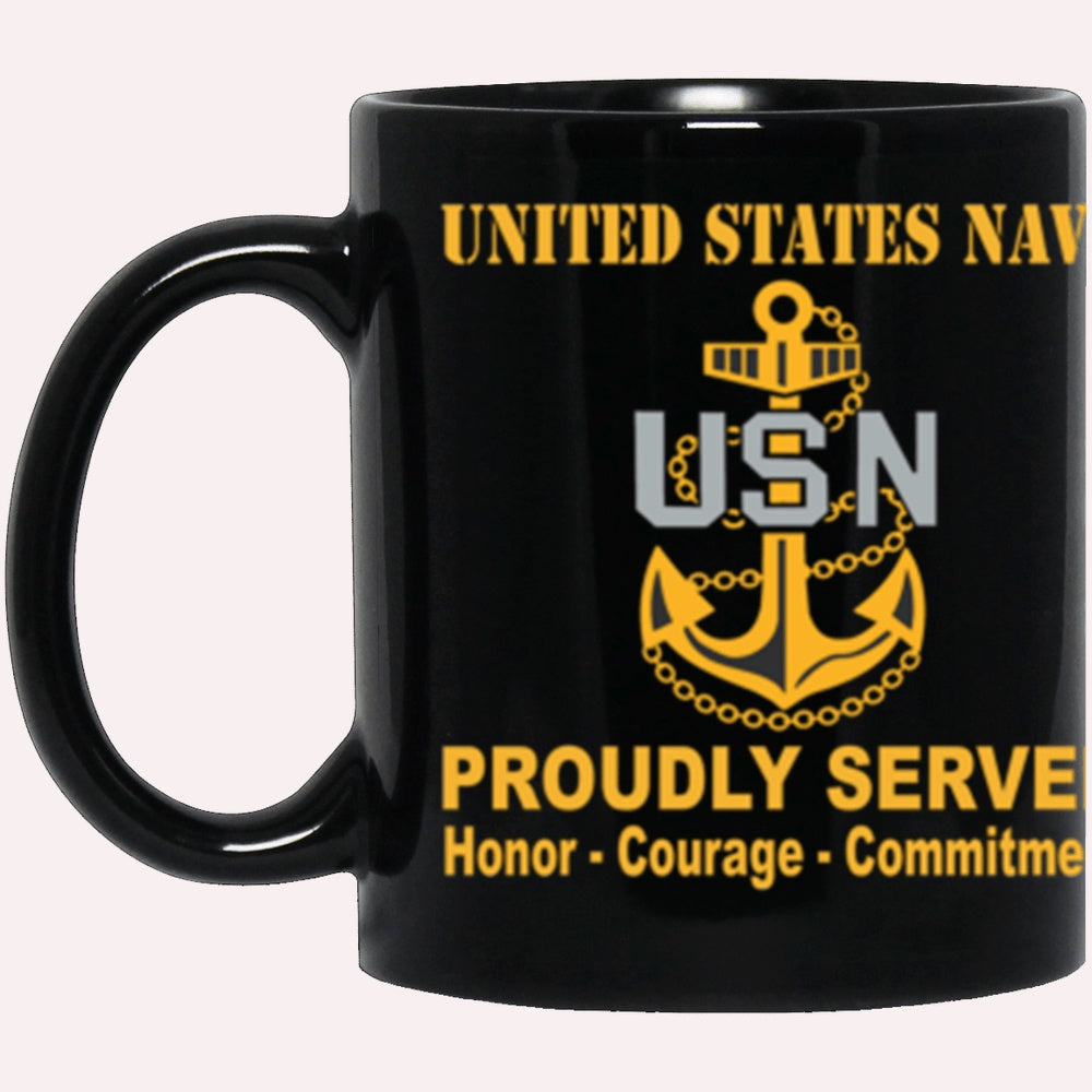 Us Navy Coffee Mugs, US Navy E-7 Chief Petty Officer E7 CPO Senior Noncommissioned Officer Collar Device Proudly Served Core Values Black Mug