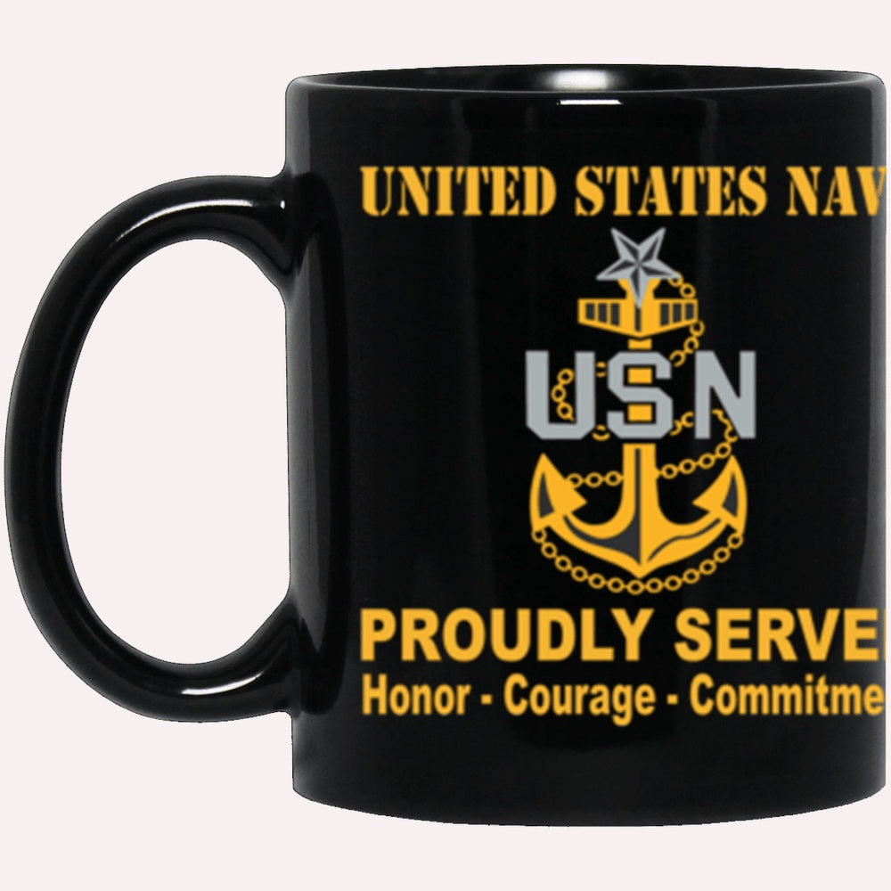 Us Navy Coffee Mugs, US Navy E-8 Senior Chief Petty Officer E8 SCPO Senior Noncommissioned Officer Collar Device Proudly Served Core Values Black Mug