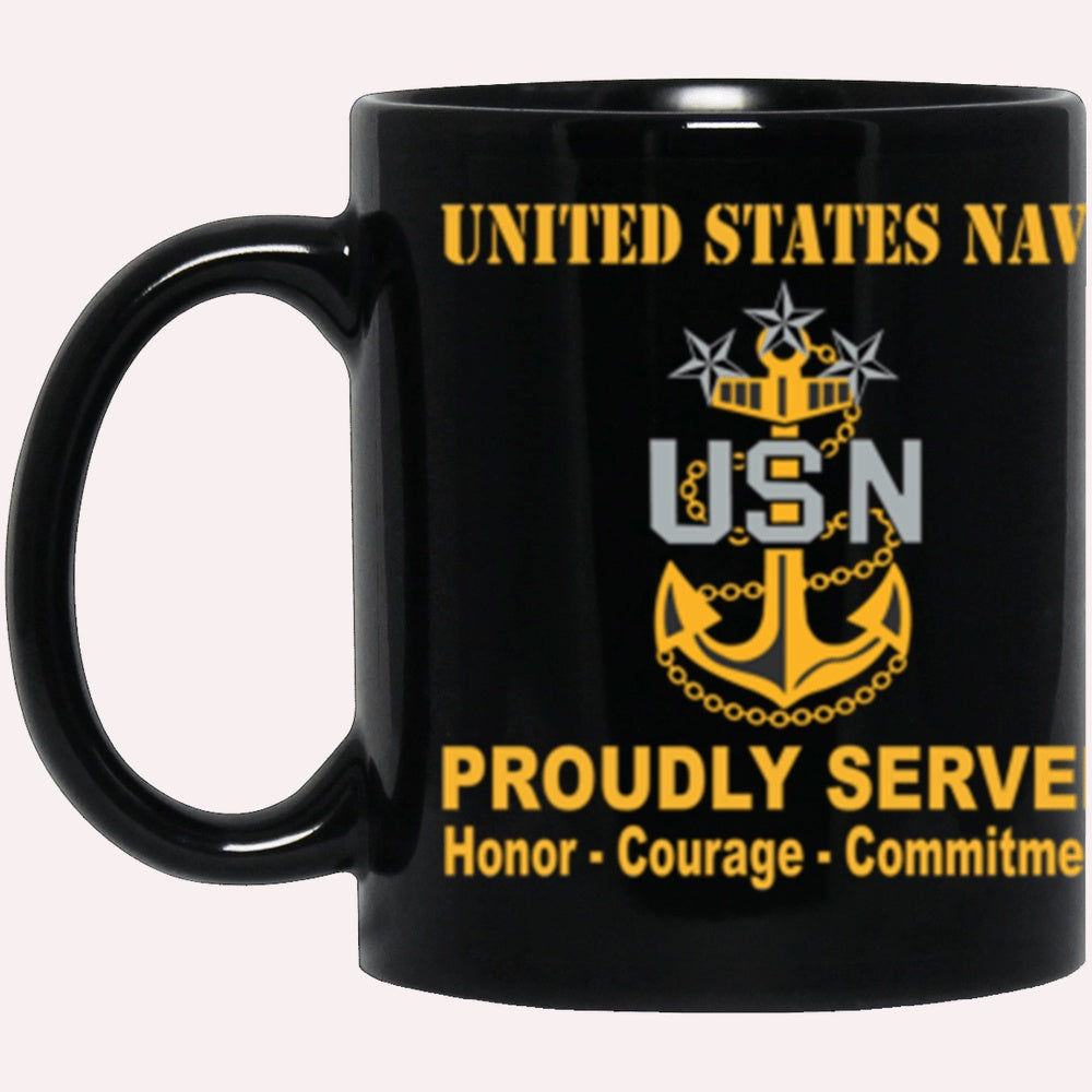 Us Navy Coffee Mugs, US Navy E-9 Master Chief Petty Officer Of The Navy E9 MCPON Senior Enlisted Advisor Collar Device Proudly Served Core Values Black Mug