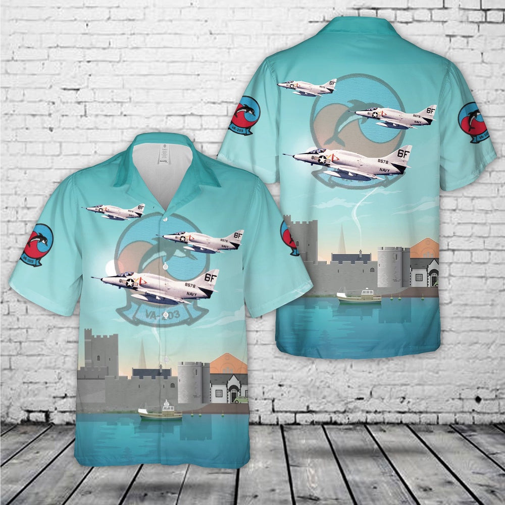 Us Navy Hawaiian Shirt, US Navy A-4L Skyhawk Of Attack Squadron 203 (VA-203) Blue Dolphins Hawaiian Shirt, Military Hawaiian Shirt