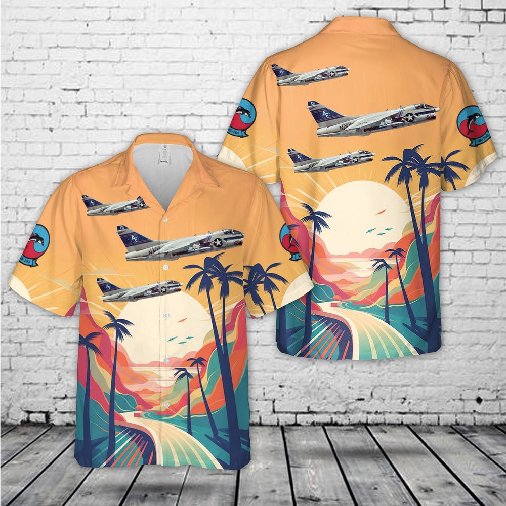 Us Navy Hawaiian Shirt, US Navy A-7B Corsair II Of Attack Squadron 203 (VA-203) Blue Dolphins Hawaiian Shirt, Military Hawaiian Shirt