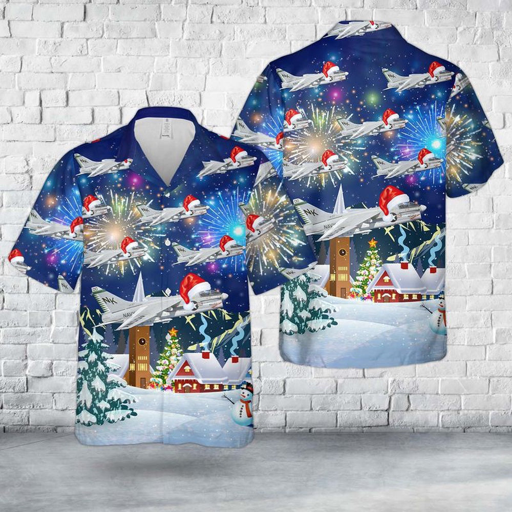 Us Navy Hawaiian Shirt, US Navy A-7E Corsair II CAG Bird Of VFA-27 Royal Maces Christmas Hawaiian Shirt, Military Hawaiian Shirt